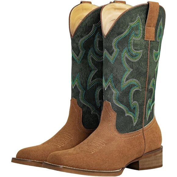 SheSole Woman Green Square Toe TwoTone Cowboy Boots Cowgirl Riding Western - Picture 1 of 6
